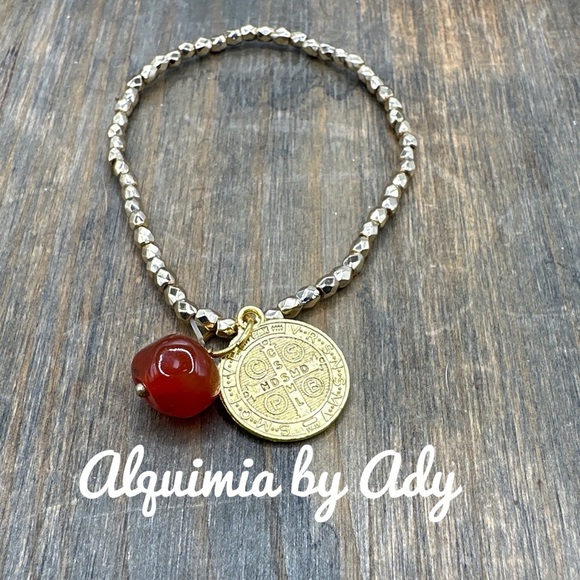 Carnelian gold Saint Benedict beaded bracelet multi gemstones beaded handmade - Picture 1 of 2
